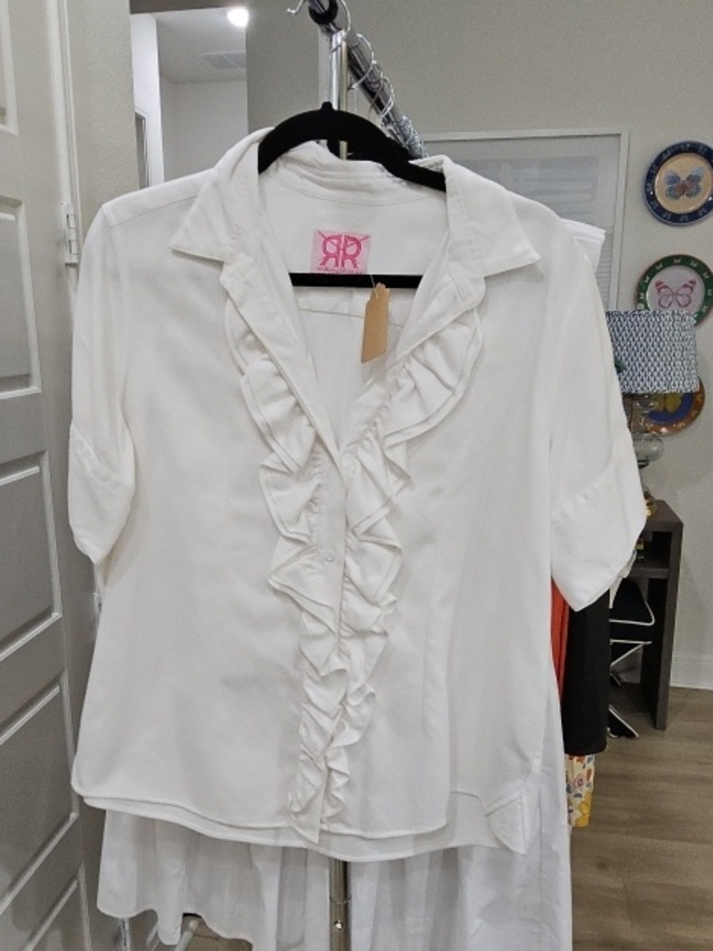Ruffled White V-Neck Button Front Blouse -
